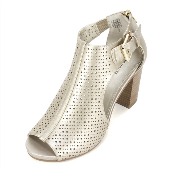 Metallic Gold Perforated Block Heel Peep Toe Boots - Picture 6 of 7